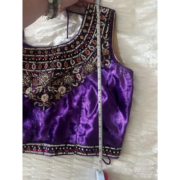 Purple beaded and velvet cropped India blouse size 32 - Picture 5 of 7